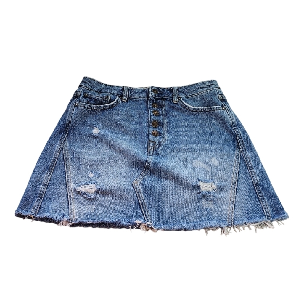 We The Free by Free People Mini Denim Raw Hem Button Fly Skirt Size 29